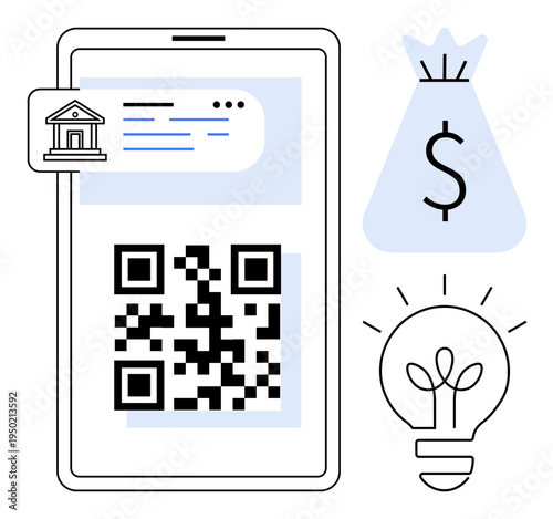 QR code displayed on smartphone screen alongside a bank building symbol, dollar sign money bag, and lightbulb. Ideal for mobile banking, online transactions, fintech, e-commerce, digital payments