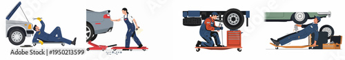Collection of flat vector illustrations featuring professional male and female auto mechanics repairing cars and trucks in an automotive service station.