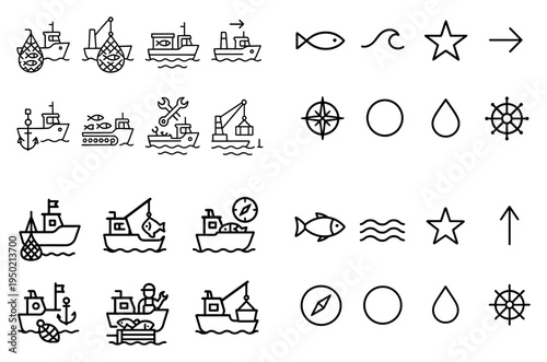 Marine icons with boat fish compass minimal