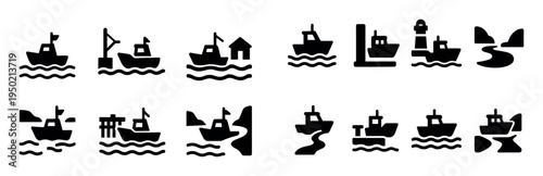 Marine icons with boat ship lighthouse simple silhouette