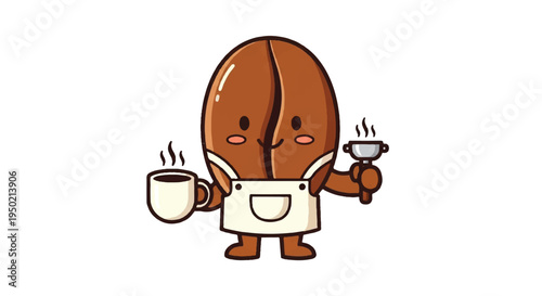 Cartoon coffee bean character holding cup and espresso maker