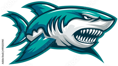 A stylized cartoon illustration of a shark with an aggressive expression, in teal and gray