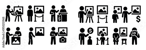 Art icons with easel painting people minimal