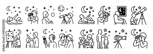 Stargazing icons with telescope binocular person outline