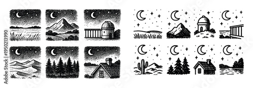 Night icons with moon mountain observatory engraved