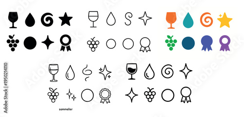 Wine tasting icons with glass grape ribbon minimal