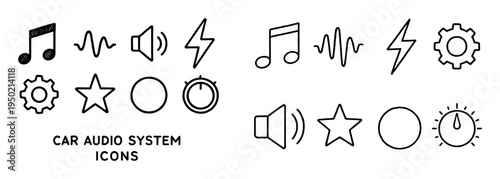 Car audio icons with music note speaker gear outline