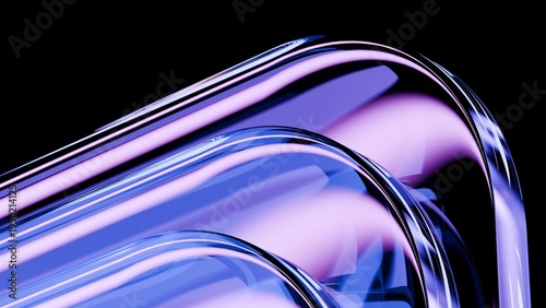 Abstract wavy curved 3d render. Neon glass squares with rounded corners. Neon light.