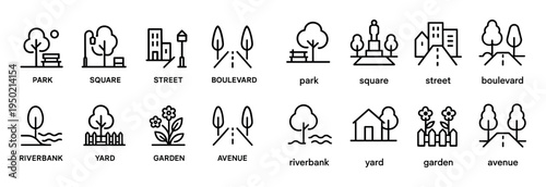 City park icons with tree bench minimal