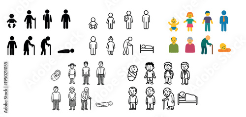 People icons with baby elder cane flat