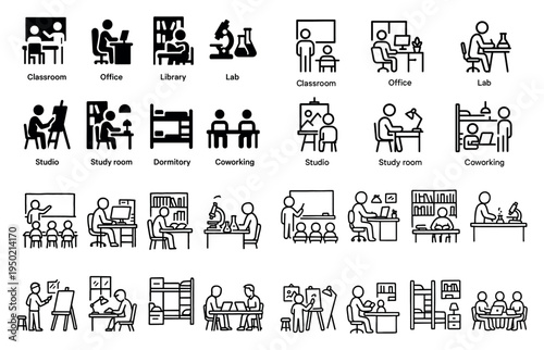 Education icons with classroom lab library outline