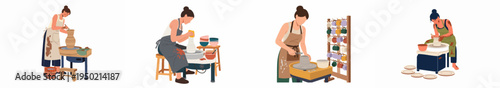 Set of illustrations depicting women working on pottery wheels, creating various ceramic vessels, vases, and mugs in a creative studio environment.