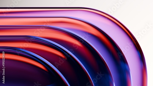 Abstract wavy curved 3d render. Neon glass squares with rounded corners. Neon light.