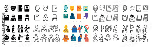 Self esteem icons with mirror mask person minimal