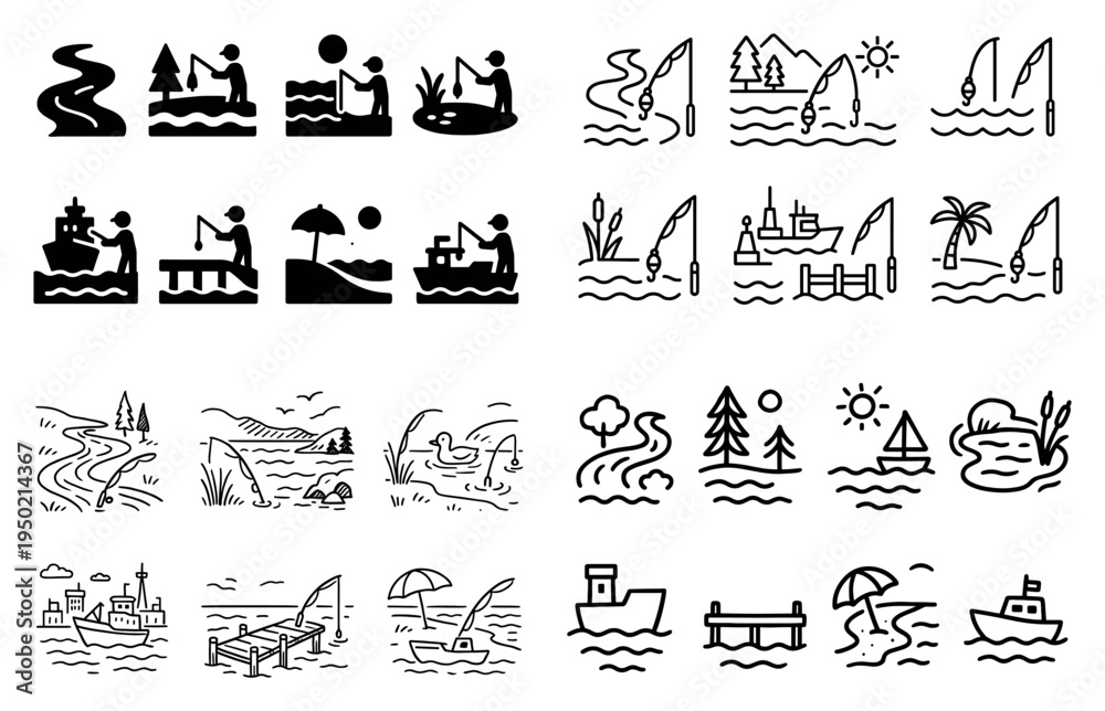 Naklejka premium Fishing icons with boat rod river outline