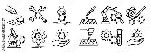 Science icons with microscope pipette robot outline