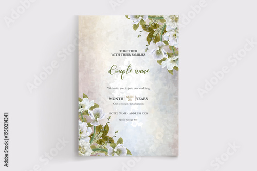 WEDDING INVITATION FRAME WITH FLOWER DECORATIONS AND FRESH LEAVES