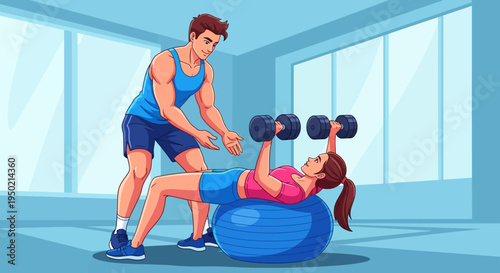 Illustration of a personal trainer spotting a woman lifting dumbbells on an exercise ball in a gym with a blue color scheme.