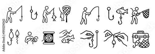 Fishing icons with angler hook net outline