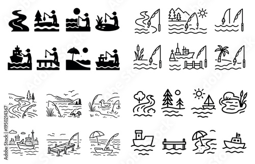 Fishing icons with boat rod river outline