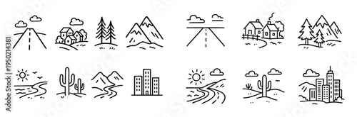 Landscape icons with road and house outline minimal