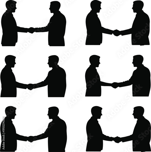 Six black silhouettes of men shaking hands in different poses handshake