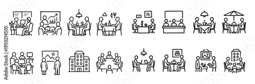 Office icons with meeting dining presentation outline