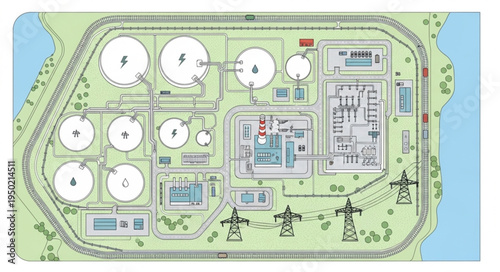 Aerial View of Industrial Complex with Storage Tanks and Power Lines.