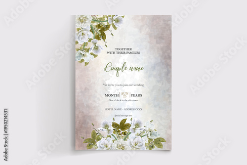 WEDDING INVITATION FRAME WITH FLOWER DECORATIONS AND FRESH LEAVES