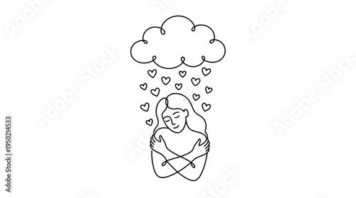 Cloud Raining Hearts on Person Continuous Single Line Minimalist Self Compassion Line Art Illustration