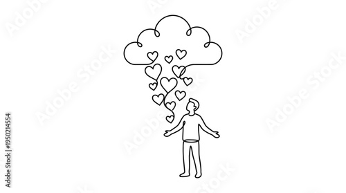 Cloud Raining Hearts on Person Continuous Single Line Minimalist Self Compassion Line Art Illustration