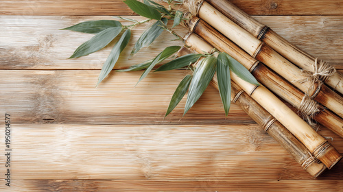 Bamboo Stalks and Leaves on Rustic Wooden Background