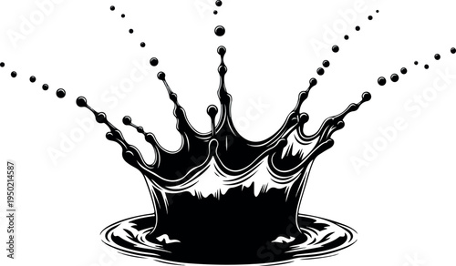 Black Ink Splash Crown Graphic Illustration Showing Liquid Droplets in Motion