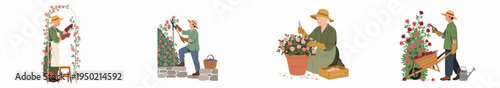 Illustrations of gardeners pruning and caring for rose bushes in different settings, including arches, walls, and pots on a white background.