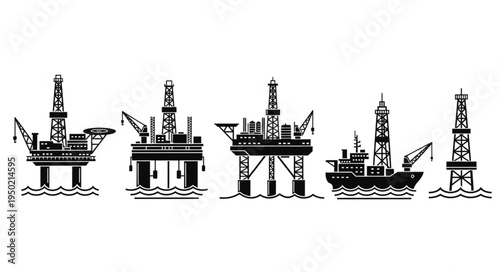 Silhouetted Oil Rigs and Platforms in a Row on White Background.
