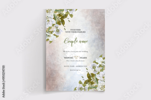 WEDDING INVITATION FRAME WITH FLOWER DECORATIONS AND FRESH LEAVES