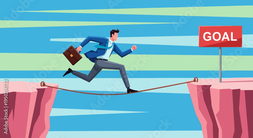 Illustration of a businessman in a suit jumping on a tightrope towards a 'GOAL' sign suspended between two cliffs with a vibrant, abstract background.