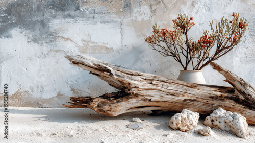 Coastal Still Life with Driftwood, Red Flowers, and Textured Wall