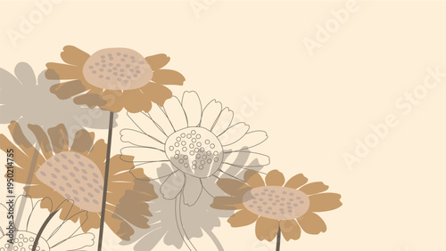 Floral background with brown daisies, their outlines and silhouettes against a light background. Vector illustration for graphic and web design, social media, business, and marketing materials.