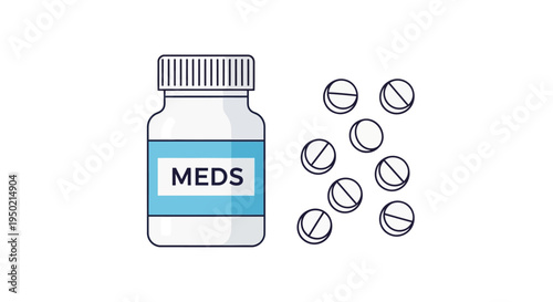Medical bottle with pills and scattered tablets illustration.