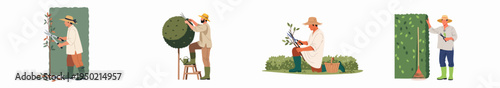 Set of flat illustrations showing male gardeners trimming hedges, pruning trees, and maintaining a garden using various gardening tools.