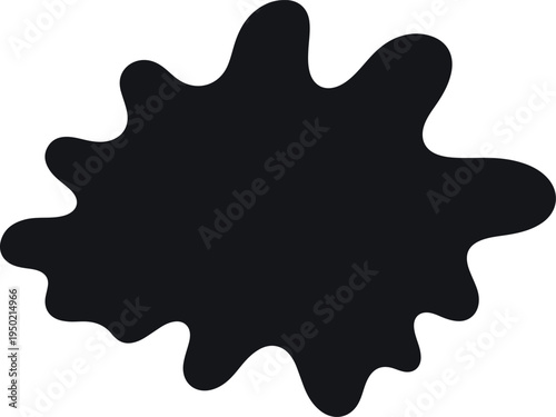 A black ink splash or blob on a white background representing a stain or a messy liquid drop in abstract form