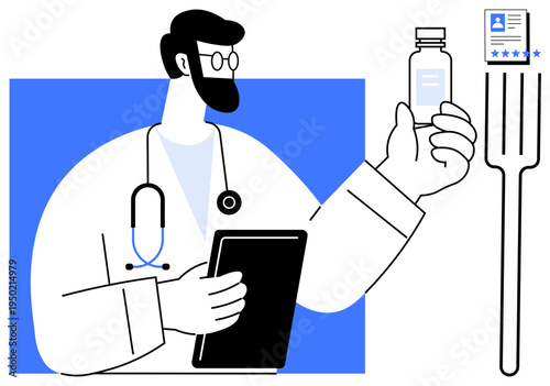 Doctor with tablet and vaccine bottle emphasizing healthcare advancements and validated treatments. Ideal for vaccination campaigns, telemedicine, health technology, medical research, pharmaceutical