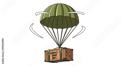 Military supply drop parachute delivering wooden crate.