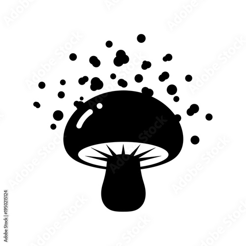 Stylized mushroom releasing its essence with a dynamic flurry of spores, a minimalist illustration capturing natural reproduction and vital growth