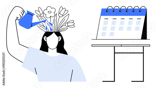 Mental health, personal development, mindfulness, planning, productivity, time management. Woman watering flowers on her head next to a calendar. Mental health and personal development concept
