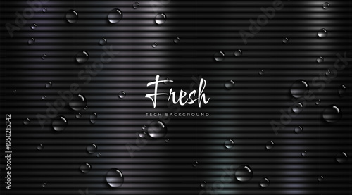 Black shiny metal horizontal straight line background, clear water drops. Plastic texture pattern background. Vector compressed dark enamel spring banner with fresh dew
