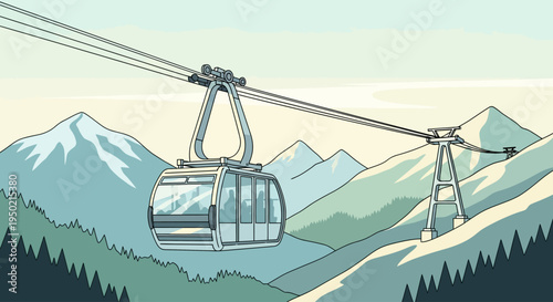 Modern cable car moving through snowy mountains on a clear day.