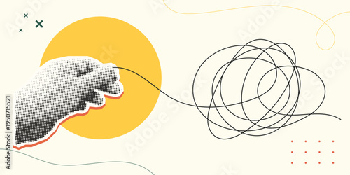 Trendy Halftone Collage style illustration of a hand pulling and untangling a complex chaotic line, representing complex problem solving, critical thinking and solution concept.