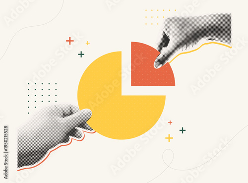 Trendy Halftone Collage style illustration of two hands holding pie chart pieces together, representing business partnership, market share, collaboration and investment concept.